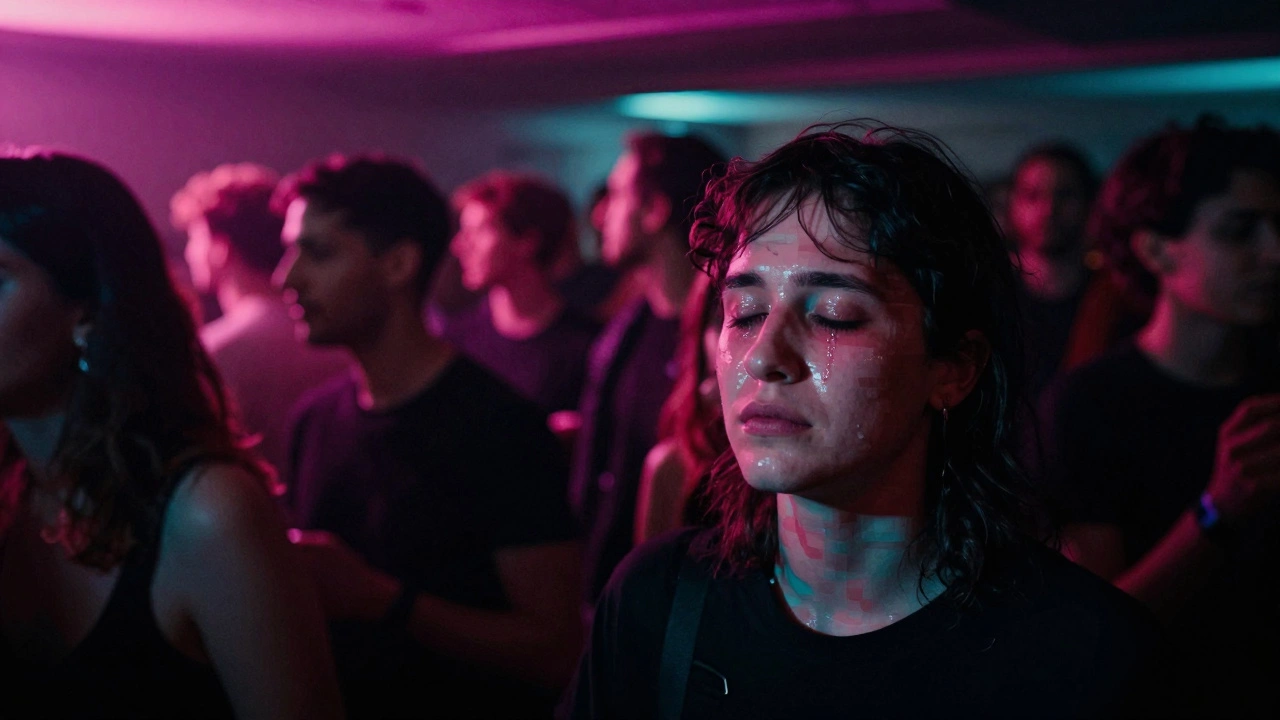 A surreal rave at 3 a.m. where people’s bodies are subtly glitching under strobe lights.
