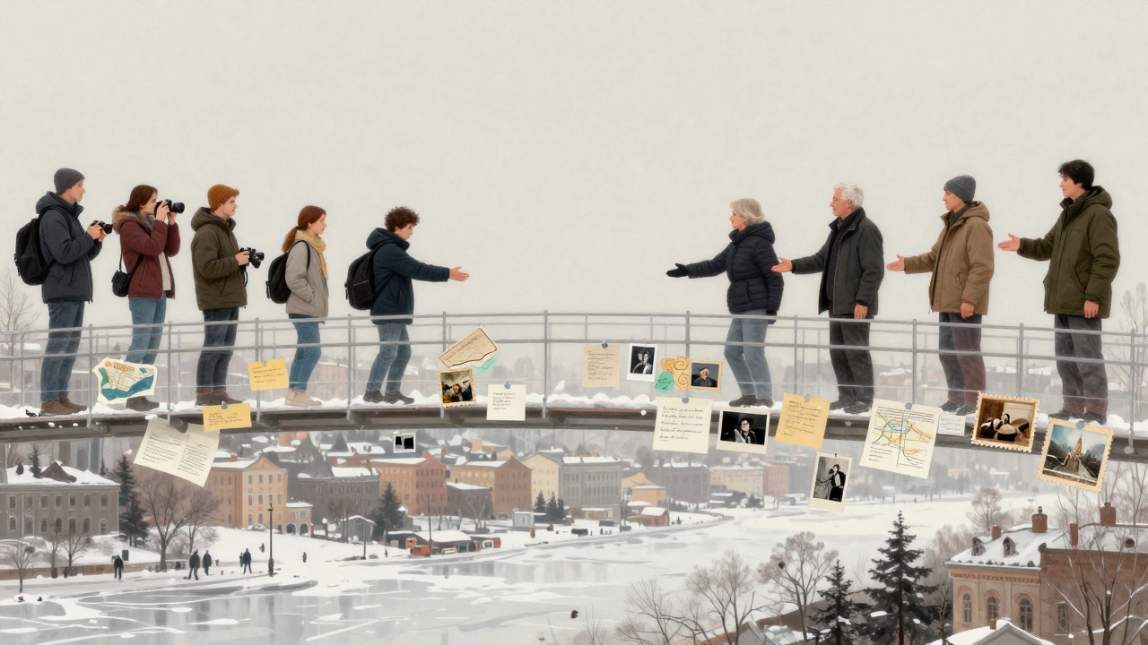 A transparent bridge of maps and notes connects tourists to Russian locals, symbolizing cultural understanding across a snowy city.